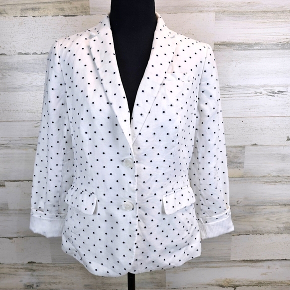 Talbots Linen & Cotton Polka Dot Blazer 6P White Navy Preppy Light Academia Chic - Picture 7 of 16